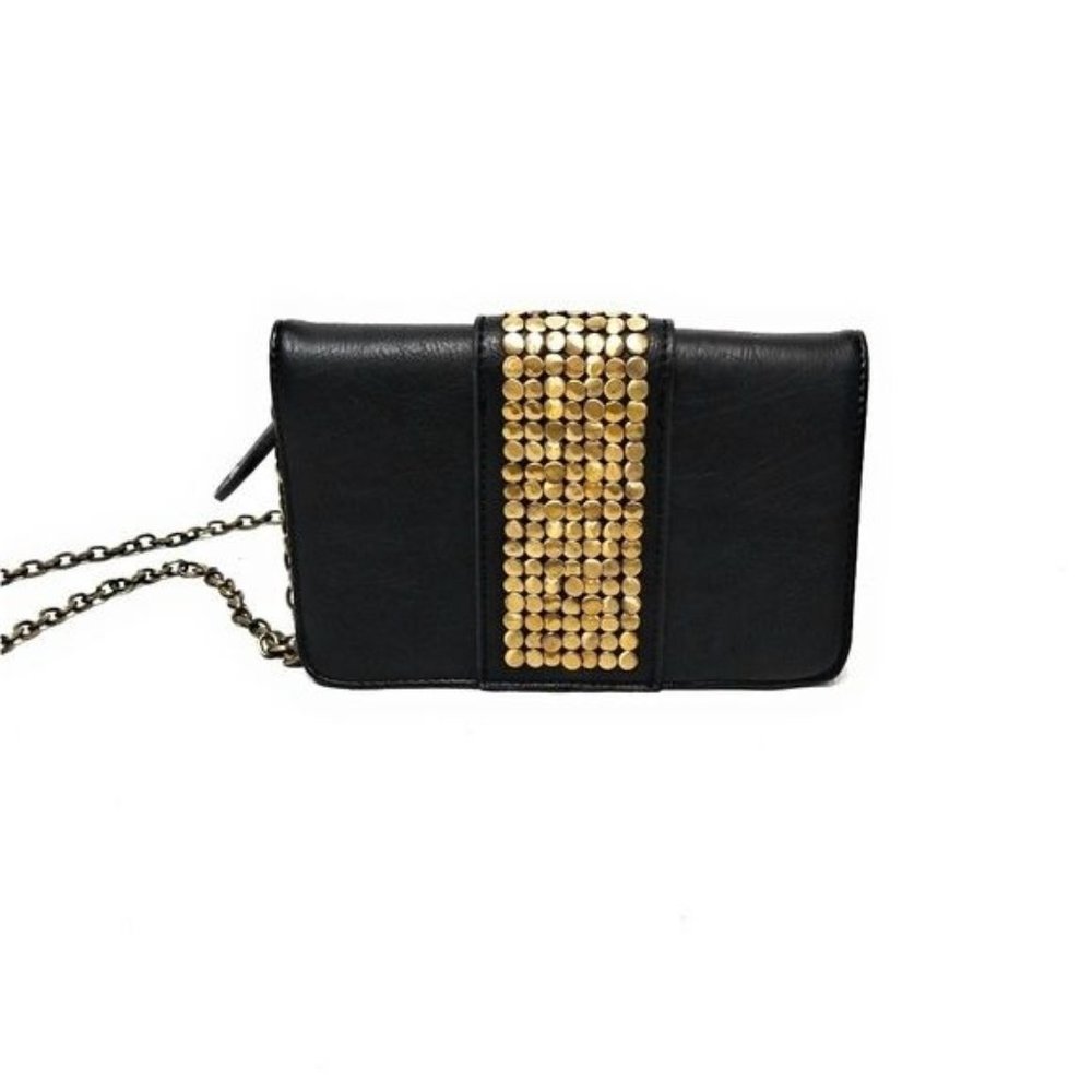 Street Level Black Leather Crossbody Bag Brass Studded Detail Chain Strap